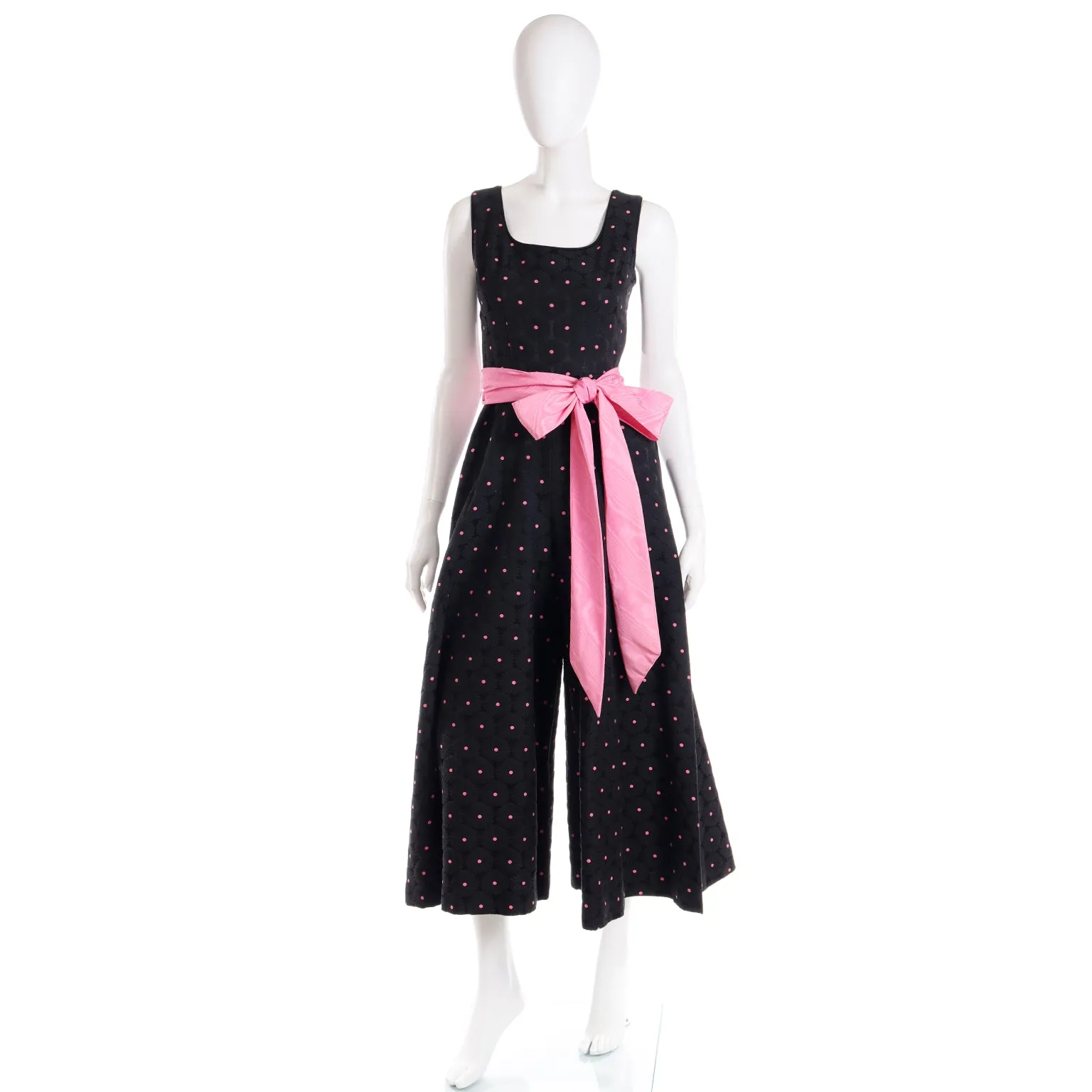 1960s Vintage Black Tonal Floral & Pink Dot Jumpsuit W Pink Satin Sash