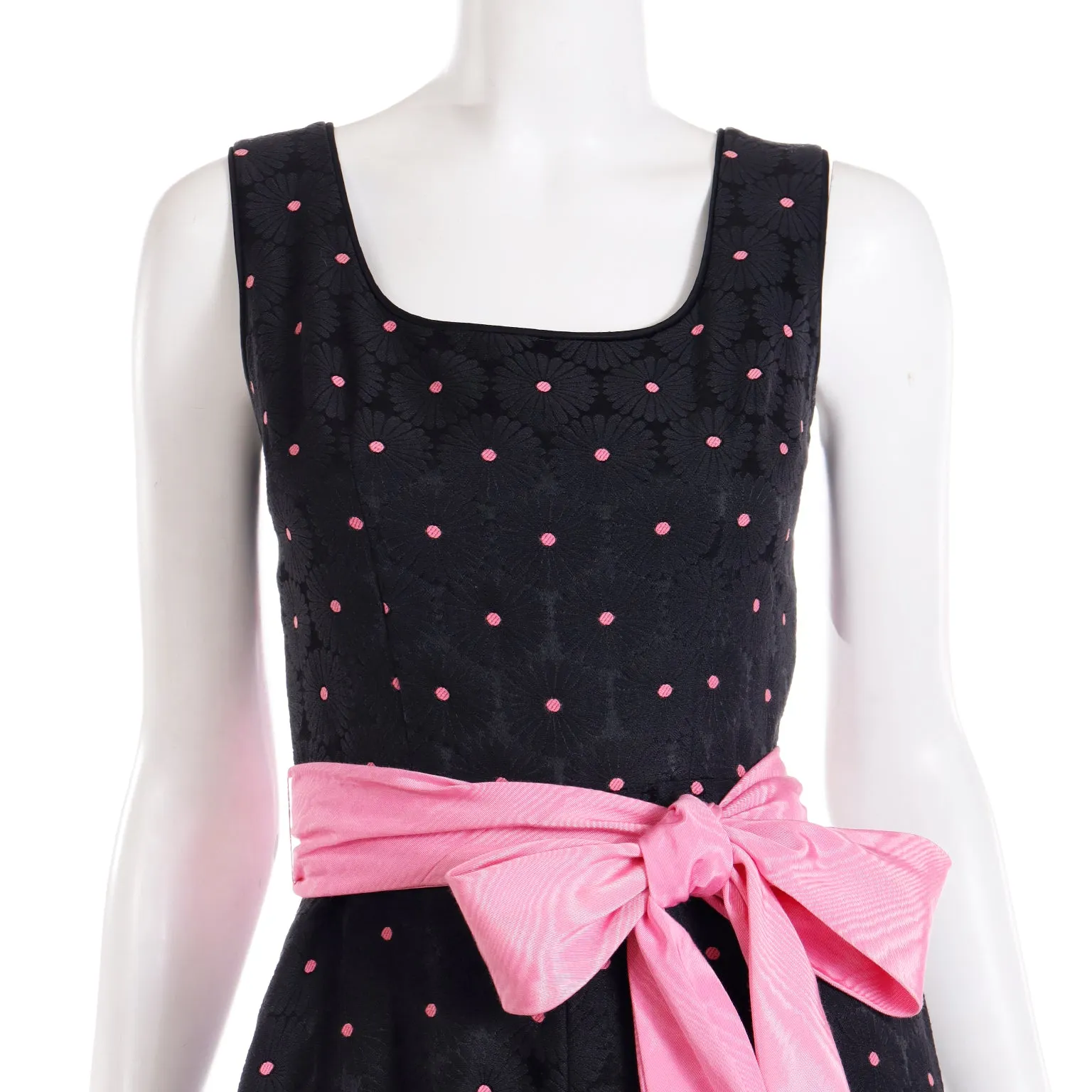 1960s Vintage Black Tonal Floral & Pink Dot Jumpsuit W Pink Satin Sash