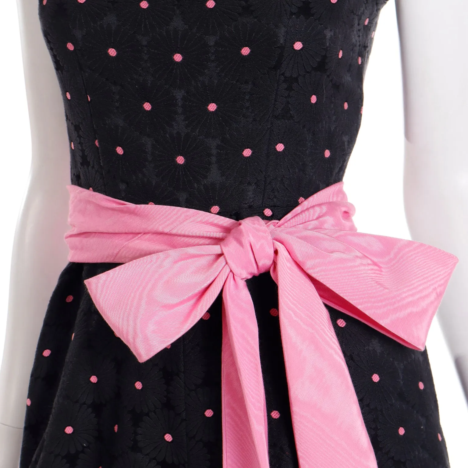 1960s Vintage Black Tonal Floral & Pink Dot Jumpsuit W Pink Satin Sash