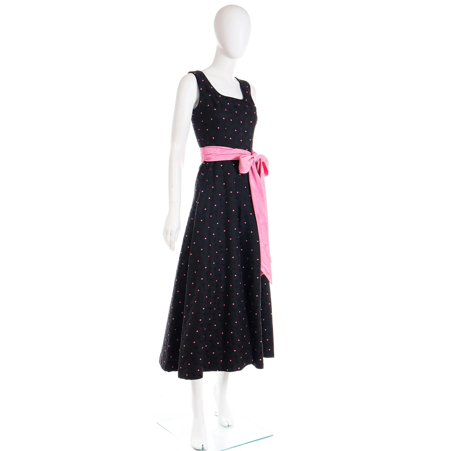 1960s Vintage Black Tonal Floral & Pink Dot Jumpsuit W Pink Satin Sash