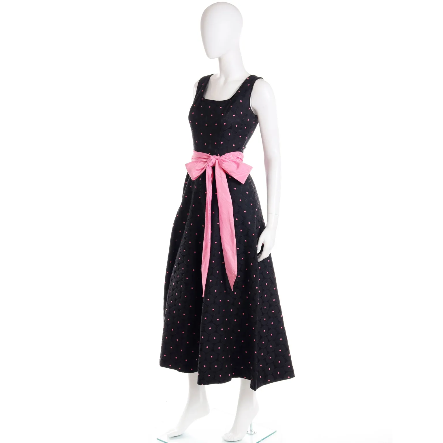 1960s Vintage Black Tonal Floral & Pink Dot Jumpsuit W Pink Satin Sash