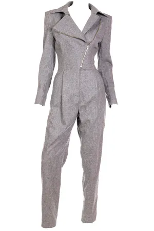 1980s Claude Montana Grey Wool One Piece Jumpsuit W Zipper Detail