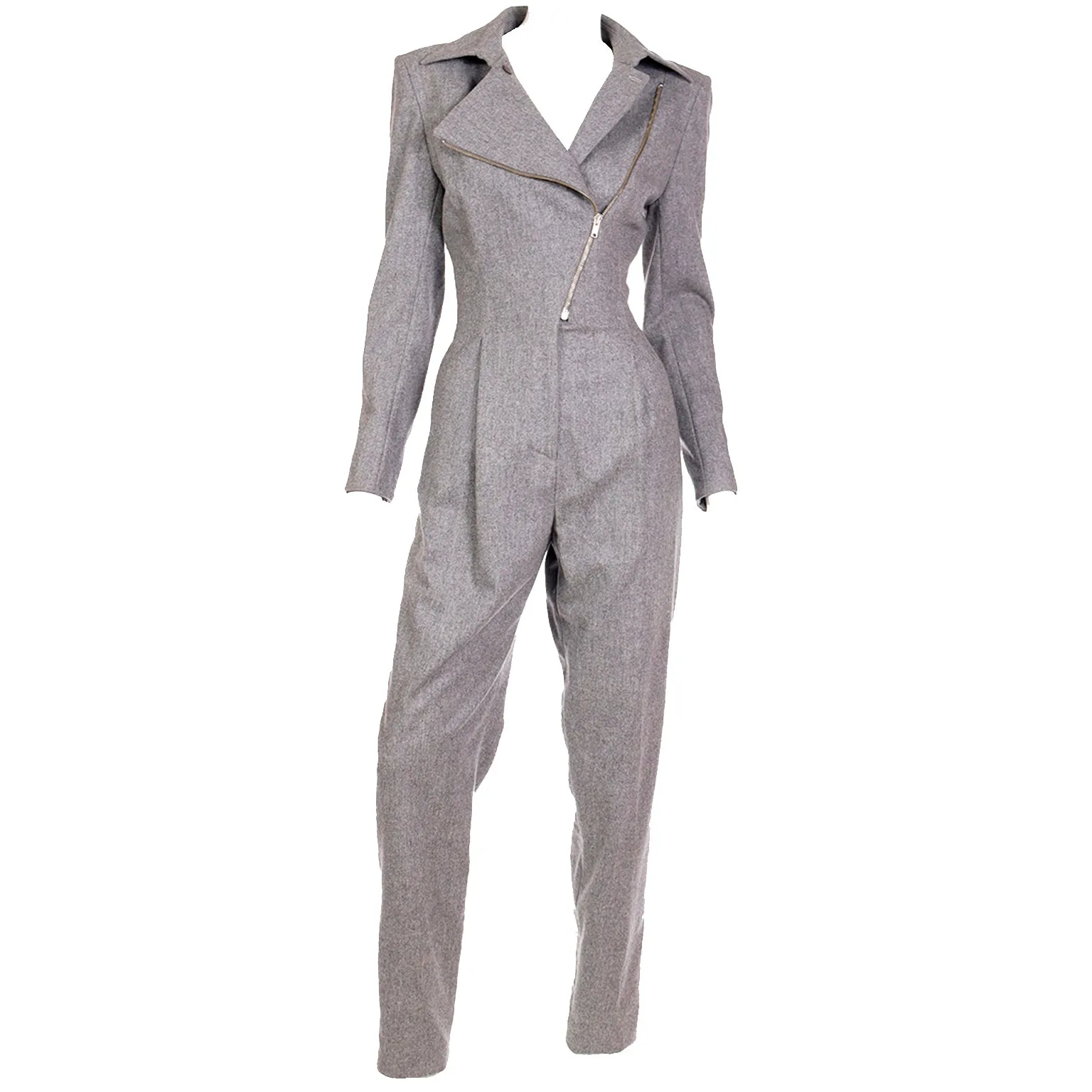 1980s Claude Montana Grey Wool One Piece Jumpsuit W Zipper Detail