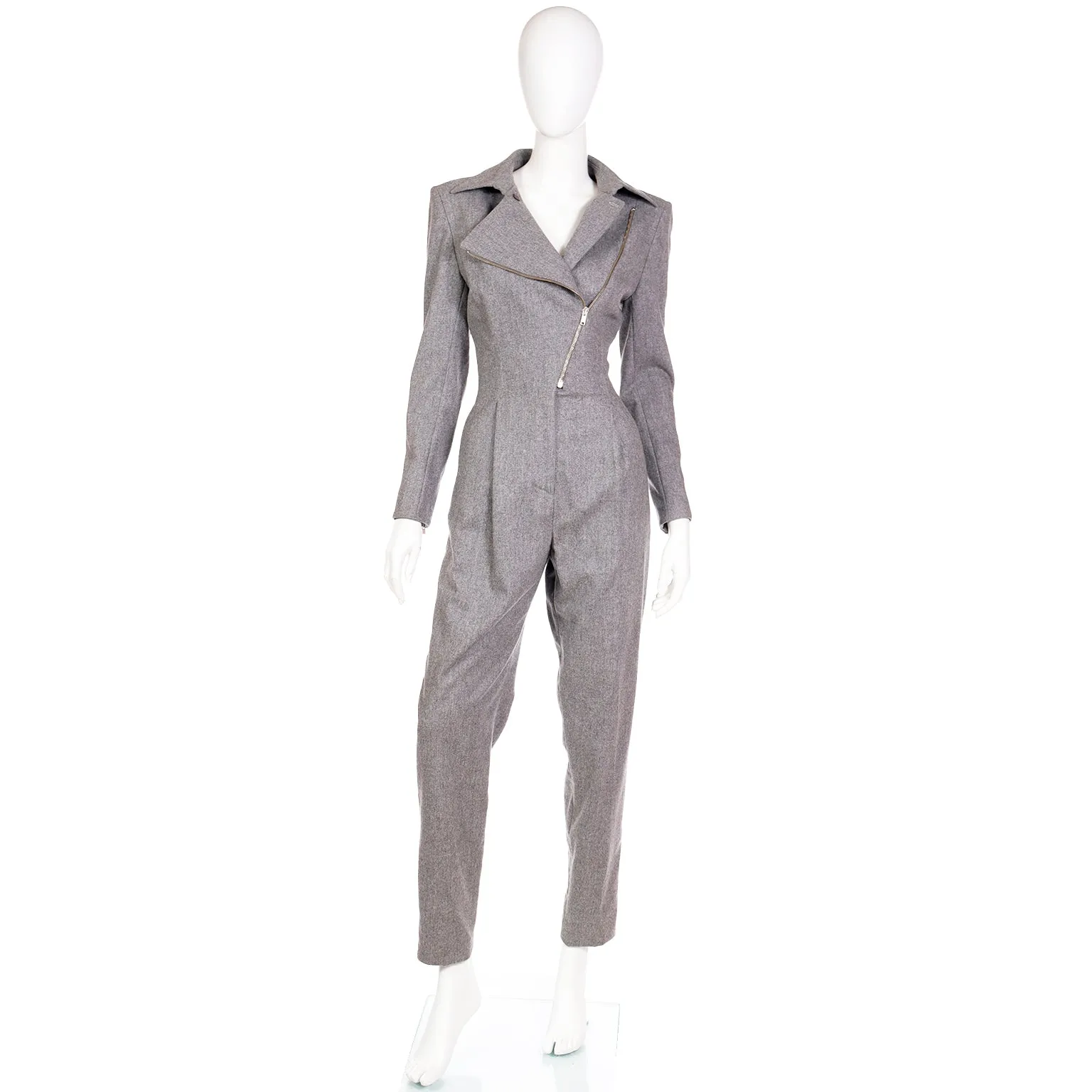 1980s Claude Montana Grey Wool One Piece Jumpsuit W Zipper Detail