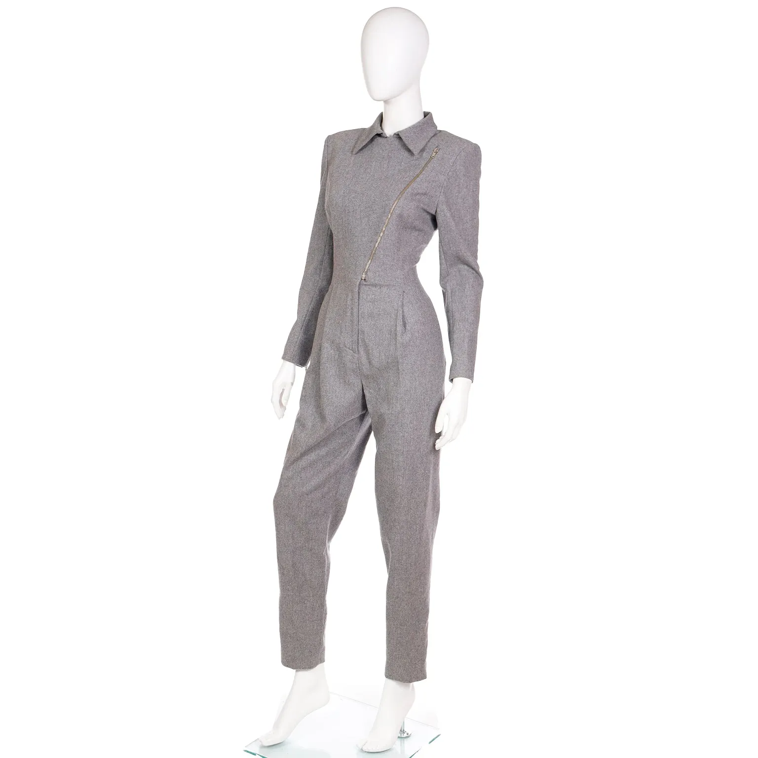 1980s Claude Montana Grey Wool One Piece Jumpsuit W Zipper Detail