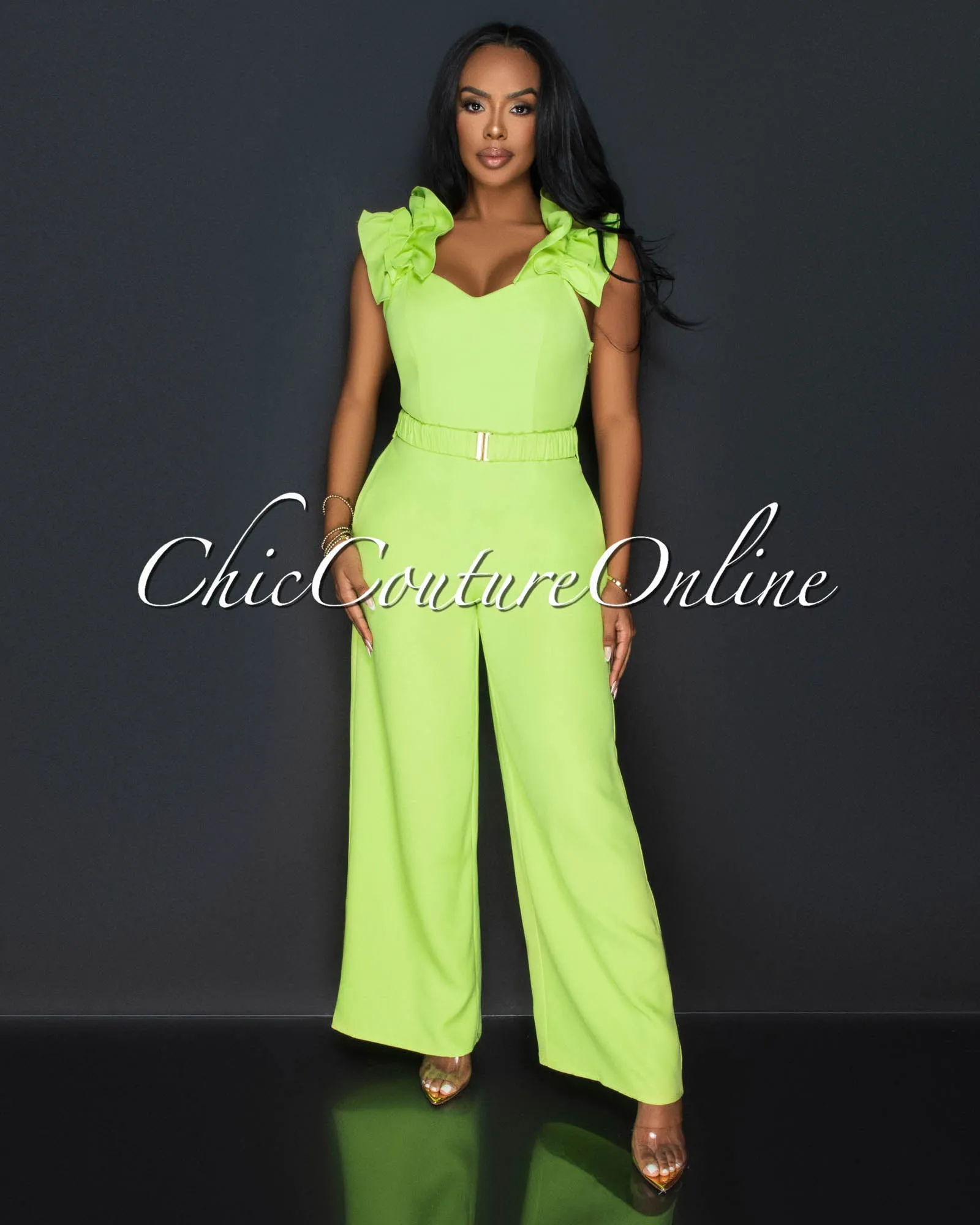 Adanna Lime Ruffle Sleeves Wide Legs Jumpsuit