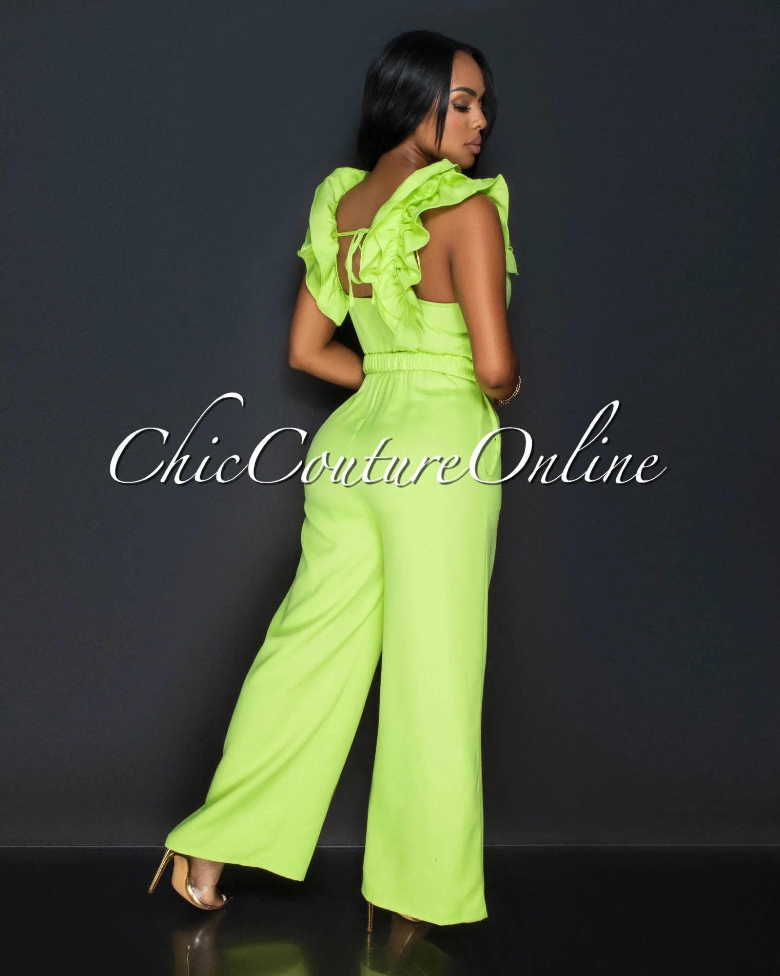 Adanna Lime Ruffle Sleeves Wide Legs Jumpsuit