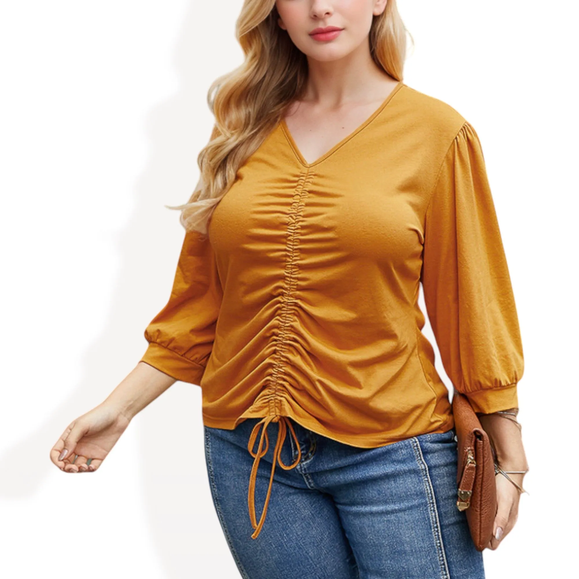 Anna-Kaci Women's Long Sleeve Blouse with V-Neck and Drawstring Detail