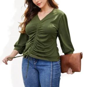 Anna-Kaci Women's Long Sleeve Blouse with V-Neck and Drawstring Detail