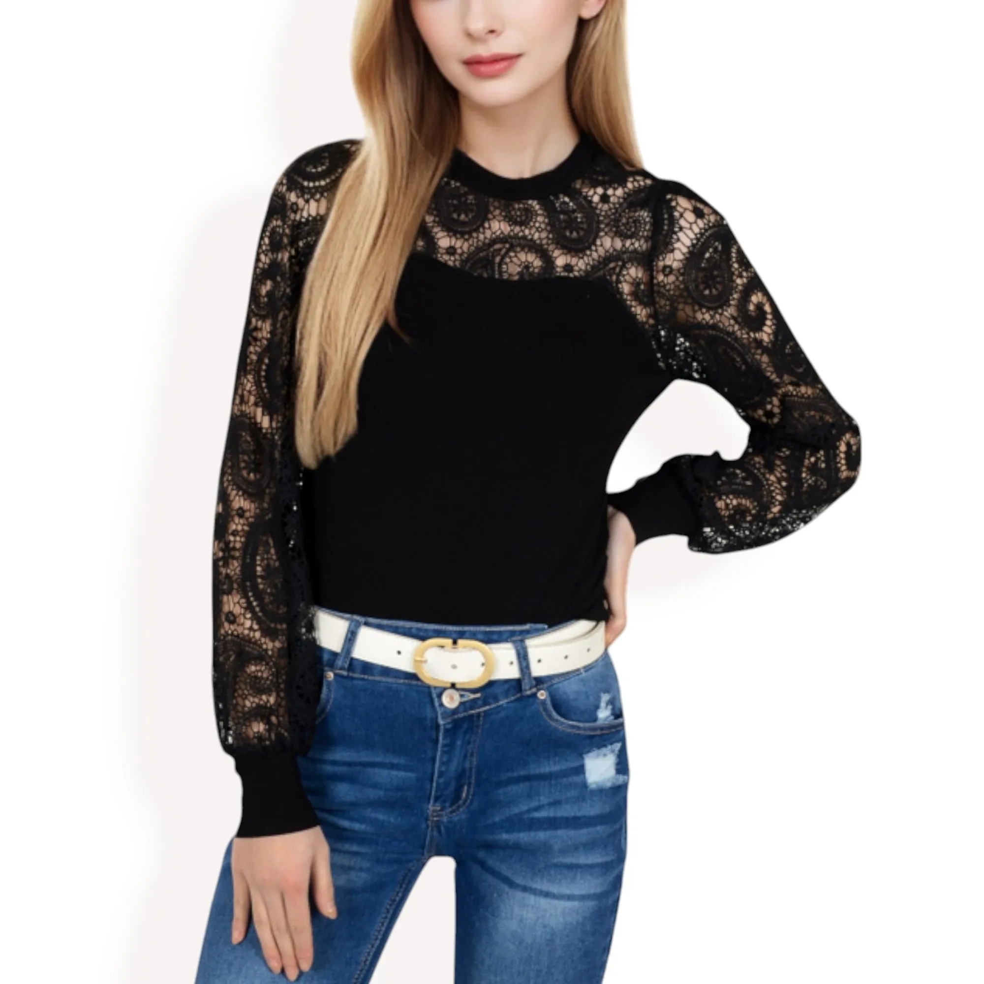 Anna-Kaci Women's Long Sleeve Lace Detail Top with Stretch Knit Bodice