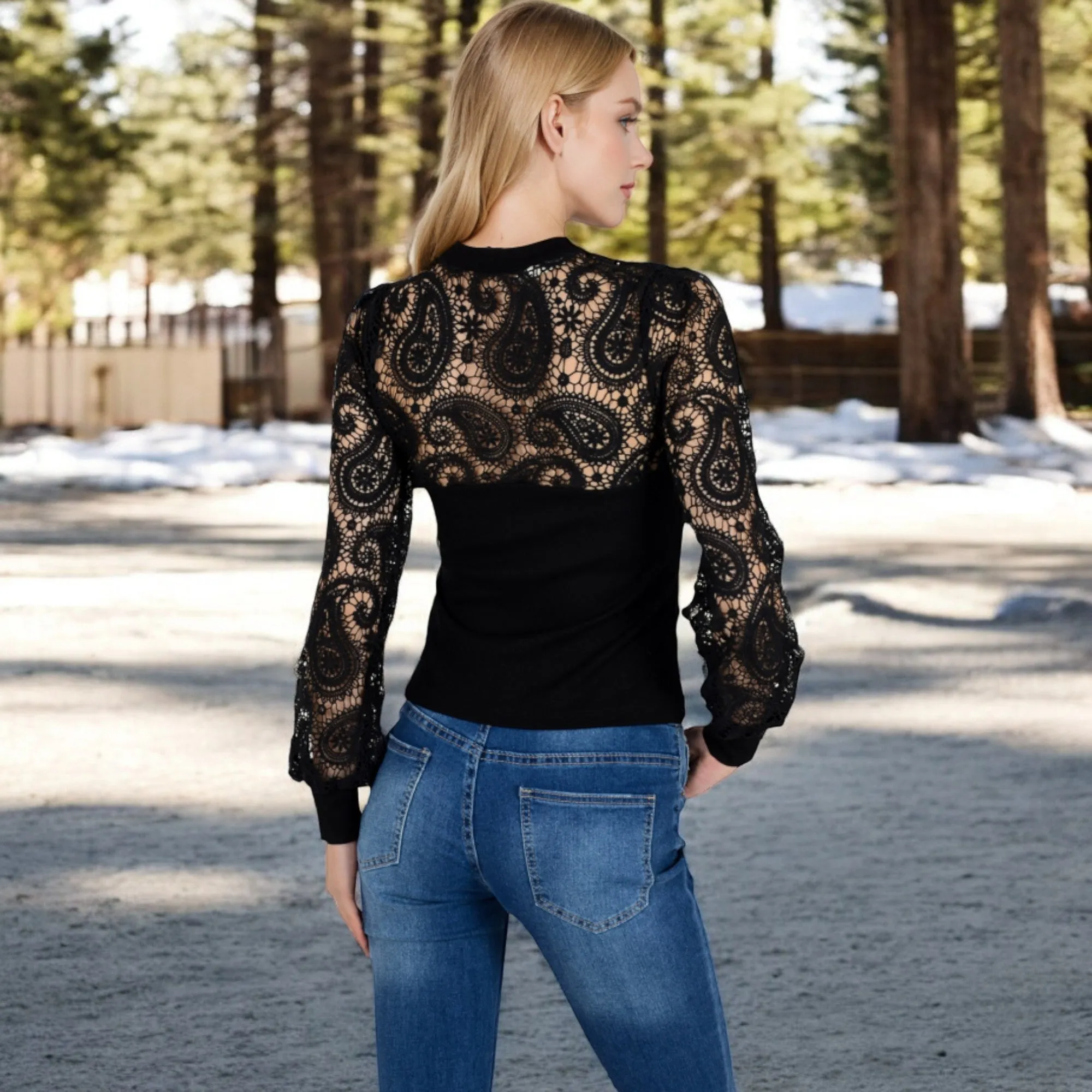 Anna-Kaci Women's Long Sleeve Lace Detail Top with Stretch Knit Bodice