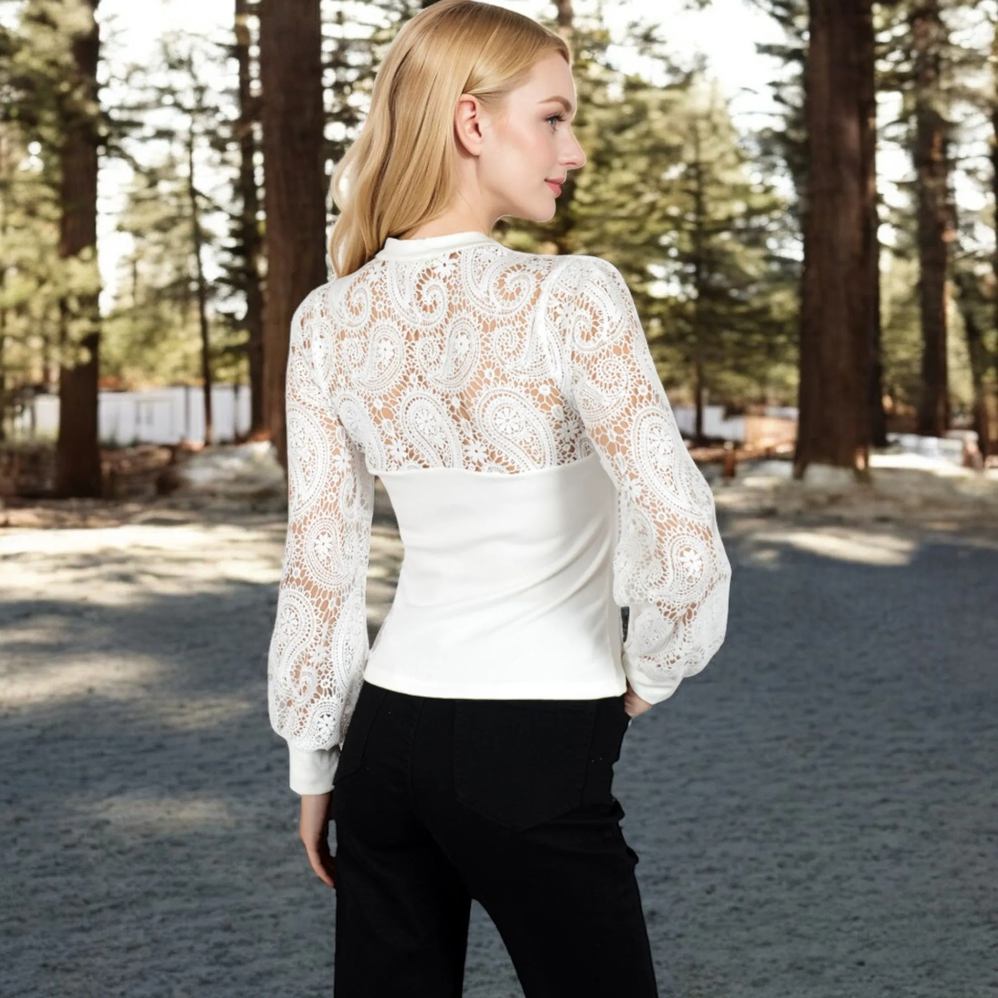 Anna-Kaci Women's Long Sleeve Lace Detail Top with Stretch Knit Bodice