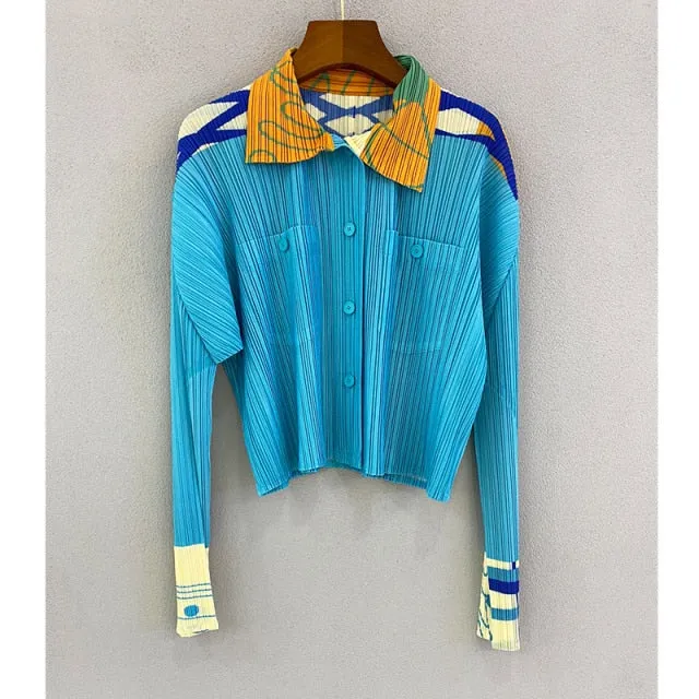 Ashore Ripple Stretch Women Pleated Ocean Blue Color Long Sleeve Hip Shirt