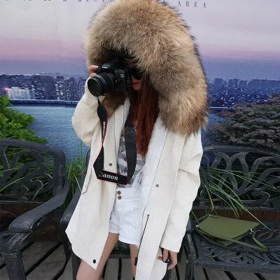 Ashore Shop fur coat coat winter jacket lady corduroy large real raccoon fur collar warm natural lamb fur lining coat