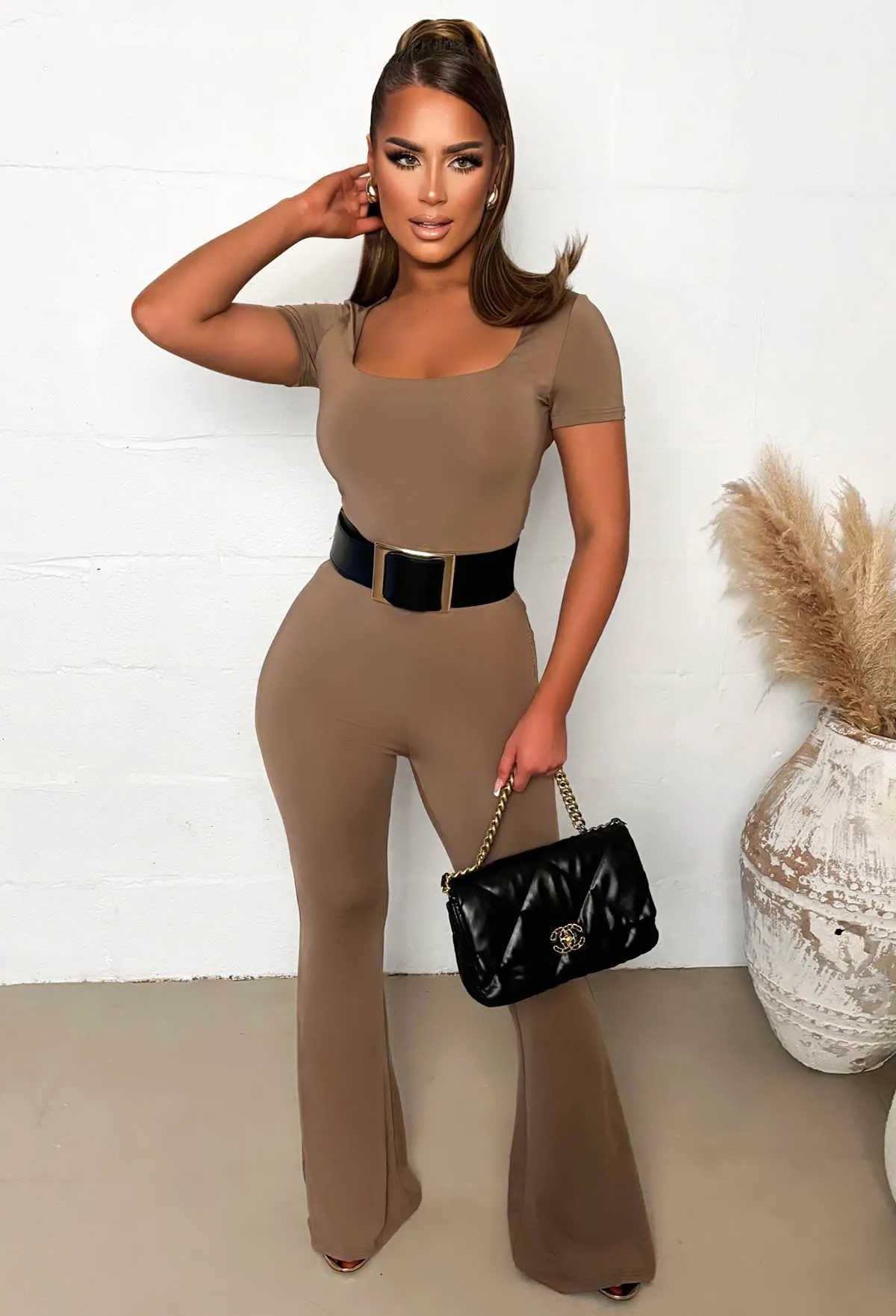 Bashful Babe Taupe Square Neck Flared Leg Jumpsuit