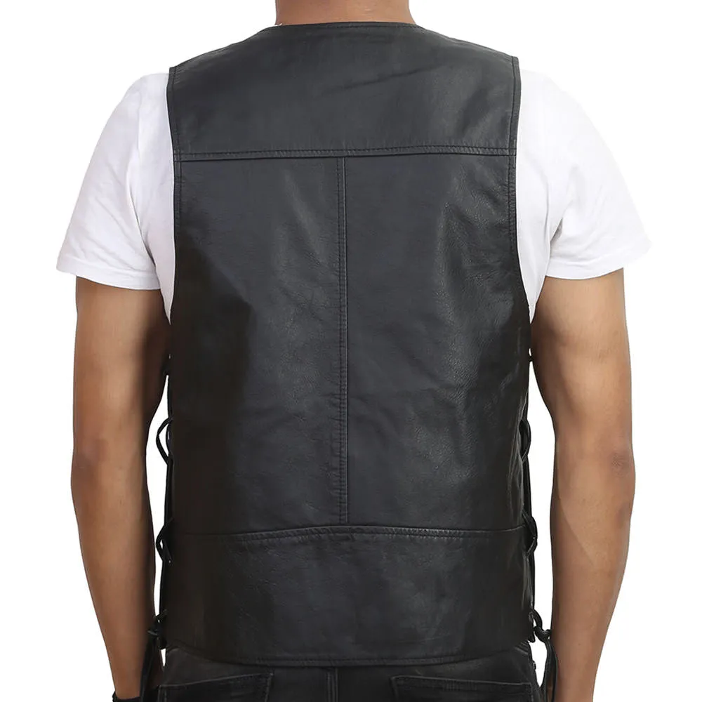 Black Sleeveless Biker Vest in Genuine Leather For Men By Brune & Bareskin