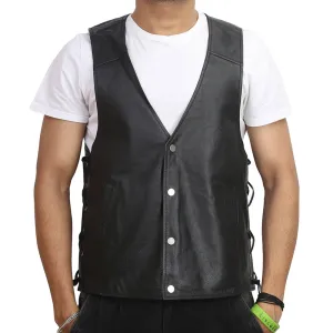 Black Sleeveless Biker Vest in Genuine Leather For Men By Brune & Bareskin