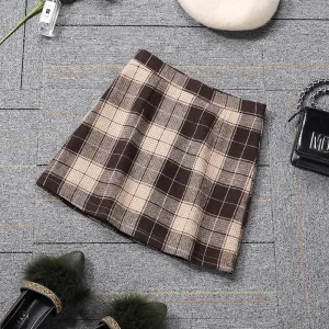 Chequered Hip Flattering Wool Mid-Length Skirt All-Matching High Waist Slim Look Short Skirt