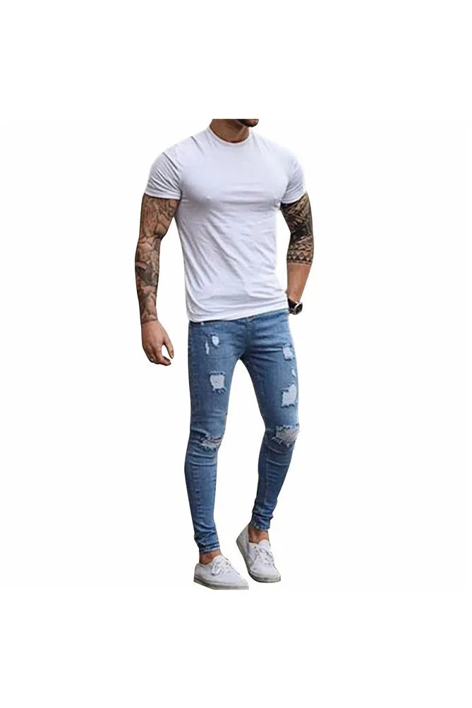 Fashion Destroyed Torn Pants Men's Pant Zipper Skinny Jeans (Blue)