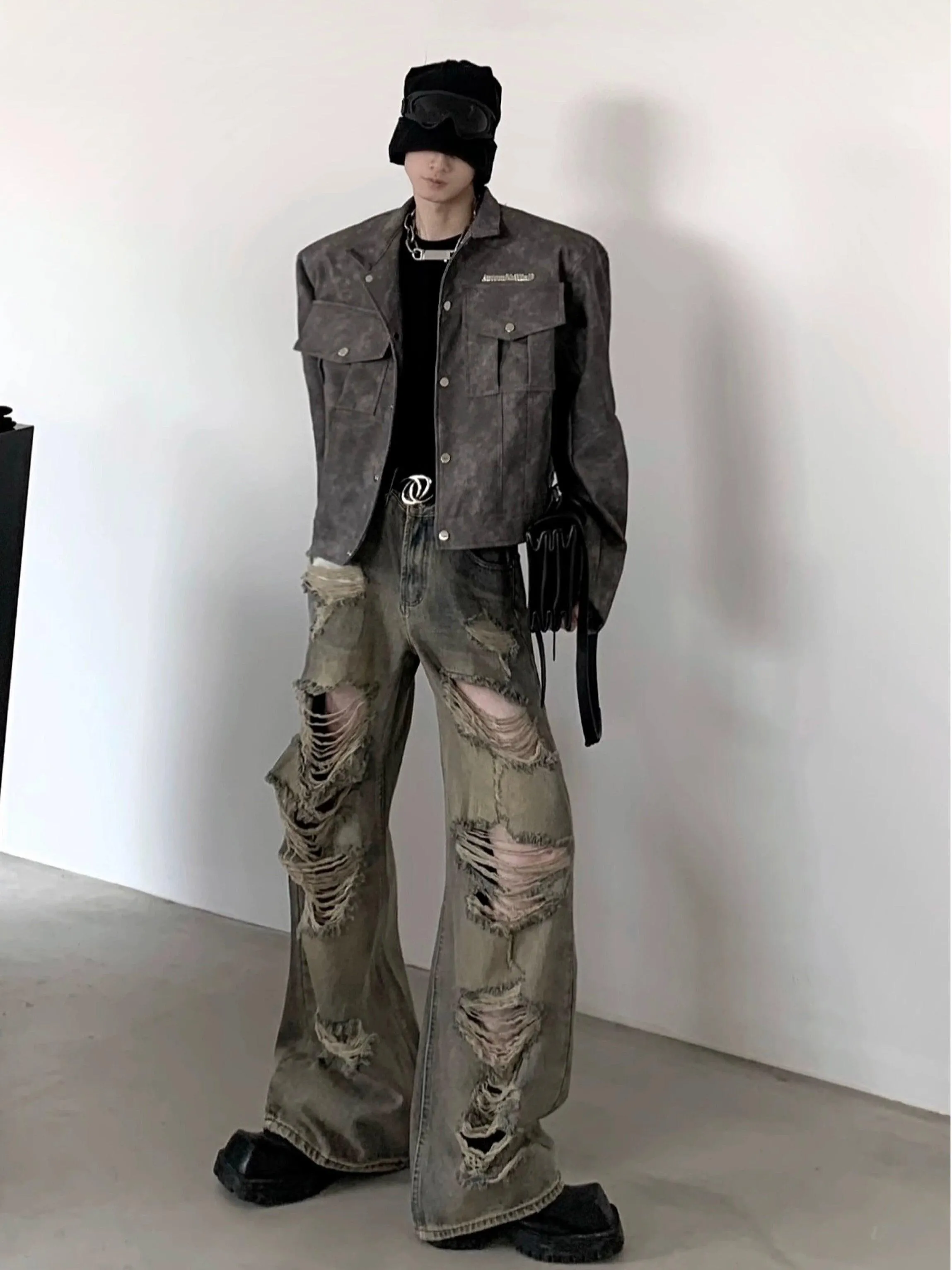 Heavily Distressed Wide-Leg Cargo Pants