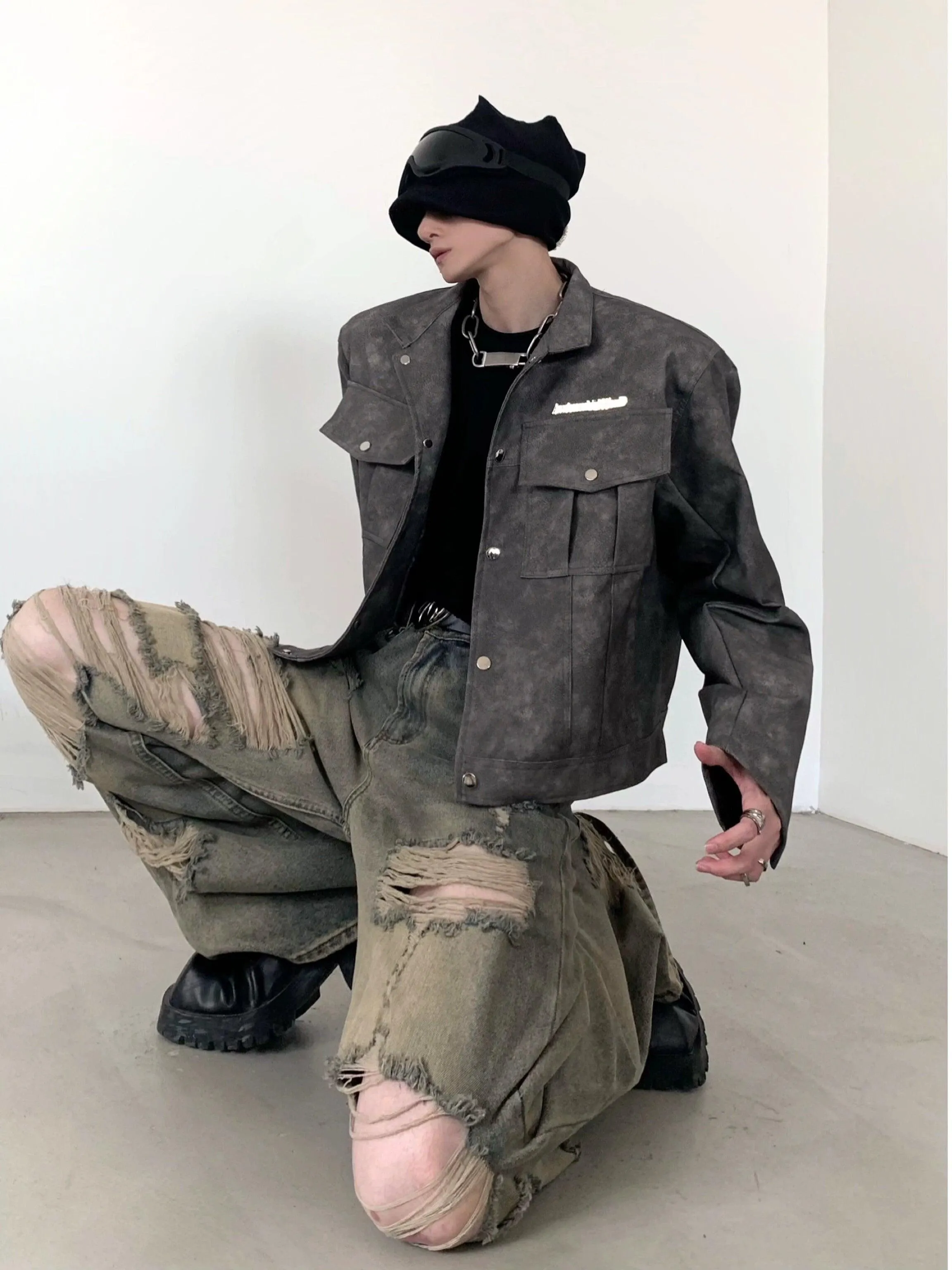 Heavily Distressed Wide-Leg Cargo Pants