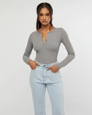 Henley Button Down Bodysuit Stone