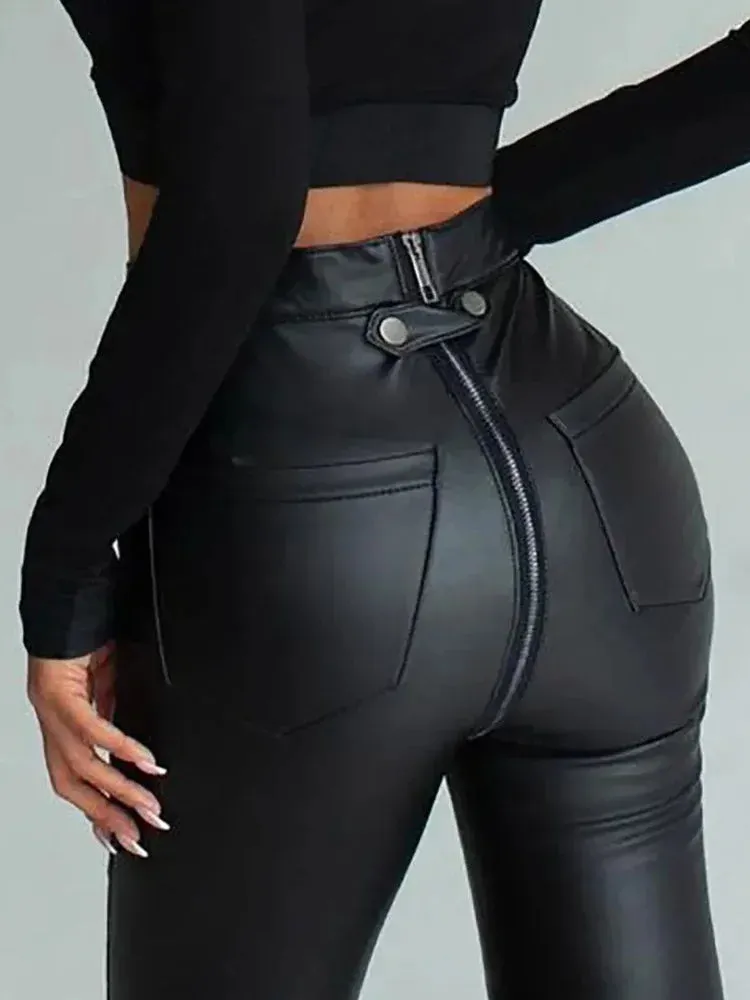 High Waist Back Zip PU Black Leggings