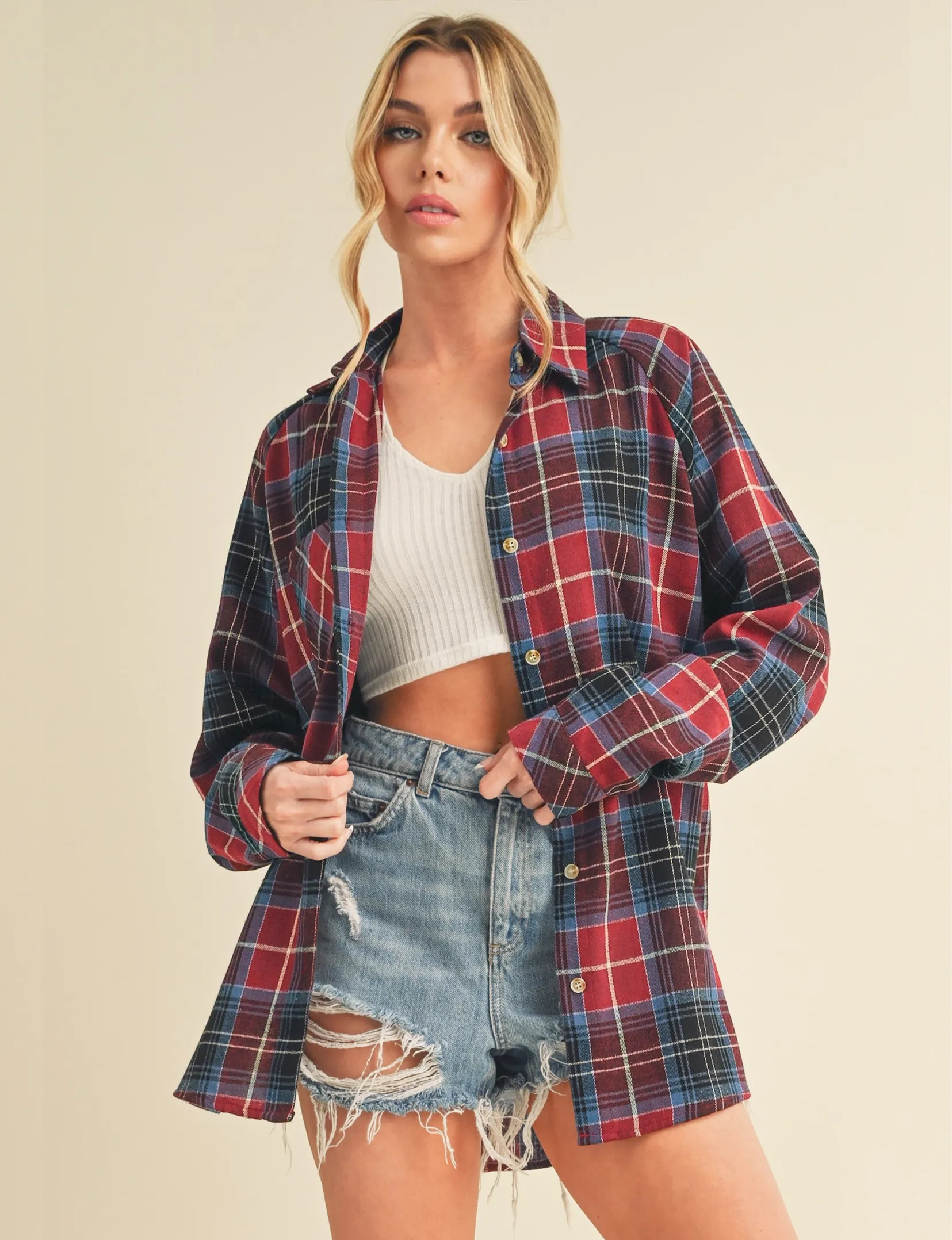 Kate Flannel Shirt, Red Combo