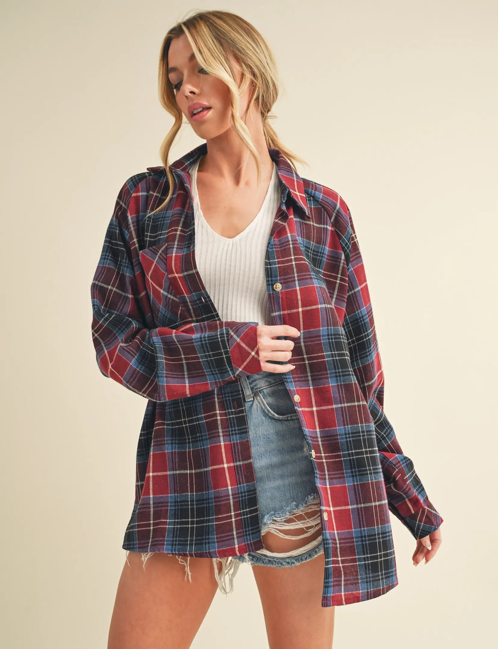 Kate Flannel Shirt, Red Combo