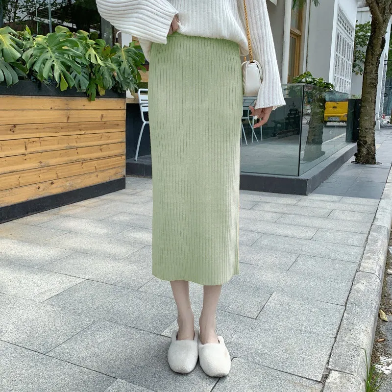 Knitted Skirt Women Sweater High Waist Mid-Length All-Matching Splitted Hip Flattering Skirt