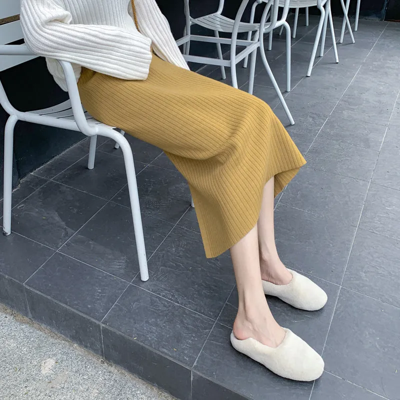 Knitted Skirt Women Sweater High Waist Mid-Length All-Matching Splitted Hip Flattering Skirt