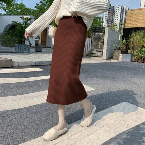 Knitted Skirt Women Sweater High Waist Mid-Length All-Matching Splitted Hip Flattering Skirt