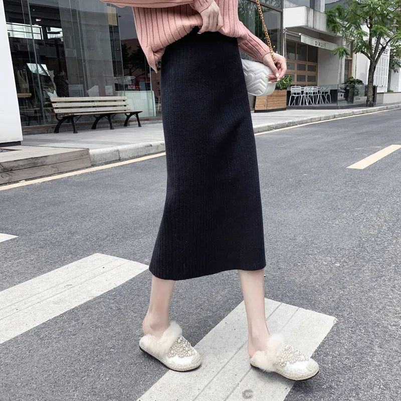 Knitted Skirt Women Sweater High Waist Mid-Length All-Matching Splitted Hip Flattering Skirt