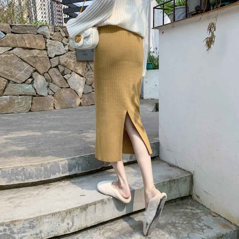 Knitted Skirt Women Sweater High Waist Mid-Length All-Matching Splitted Hip Flattering Skirt