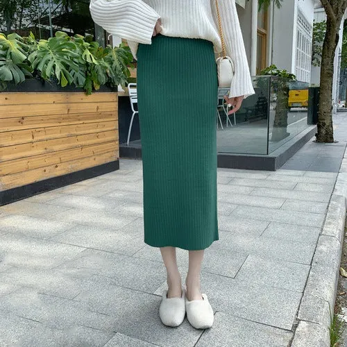 Knitted Skirt Women Sweater High Waist Mid-Length All-Matching Splitted Hip Flattering Skirt