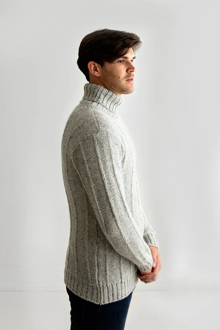 Mens Needle Rib Polo Neck Jumper  - Limestone