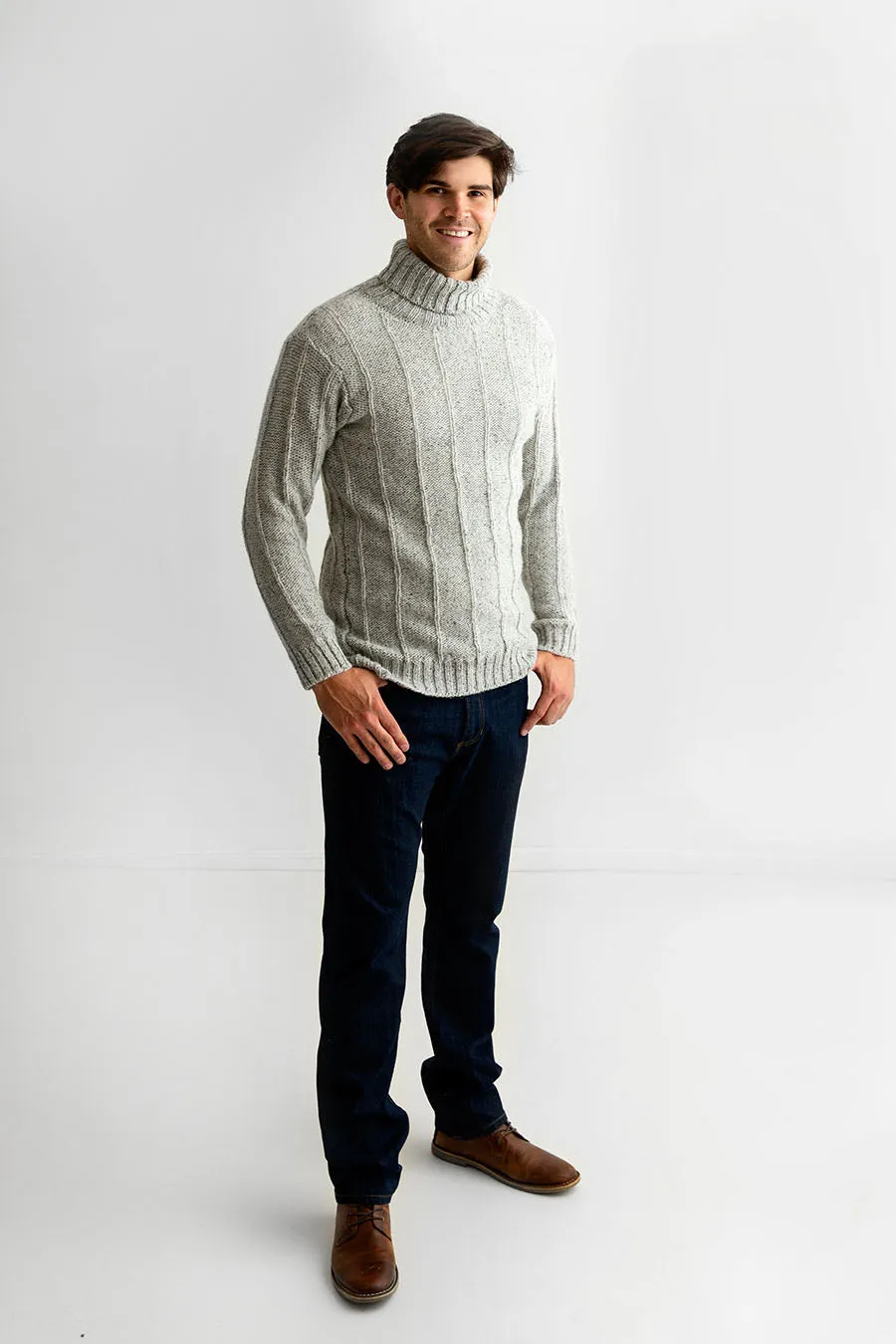 Mens Needle Rib Polo Neck Jumper  - Limestone