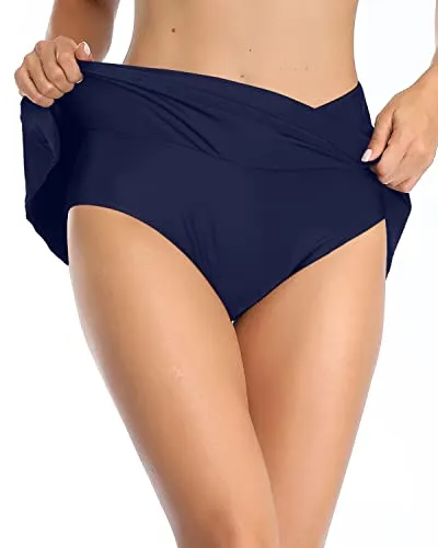 Mid Waist Swim Bottoms Mid Waisted Swim Skirts-Navy Blue