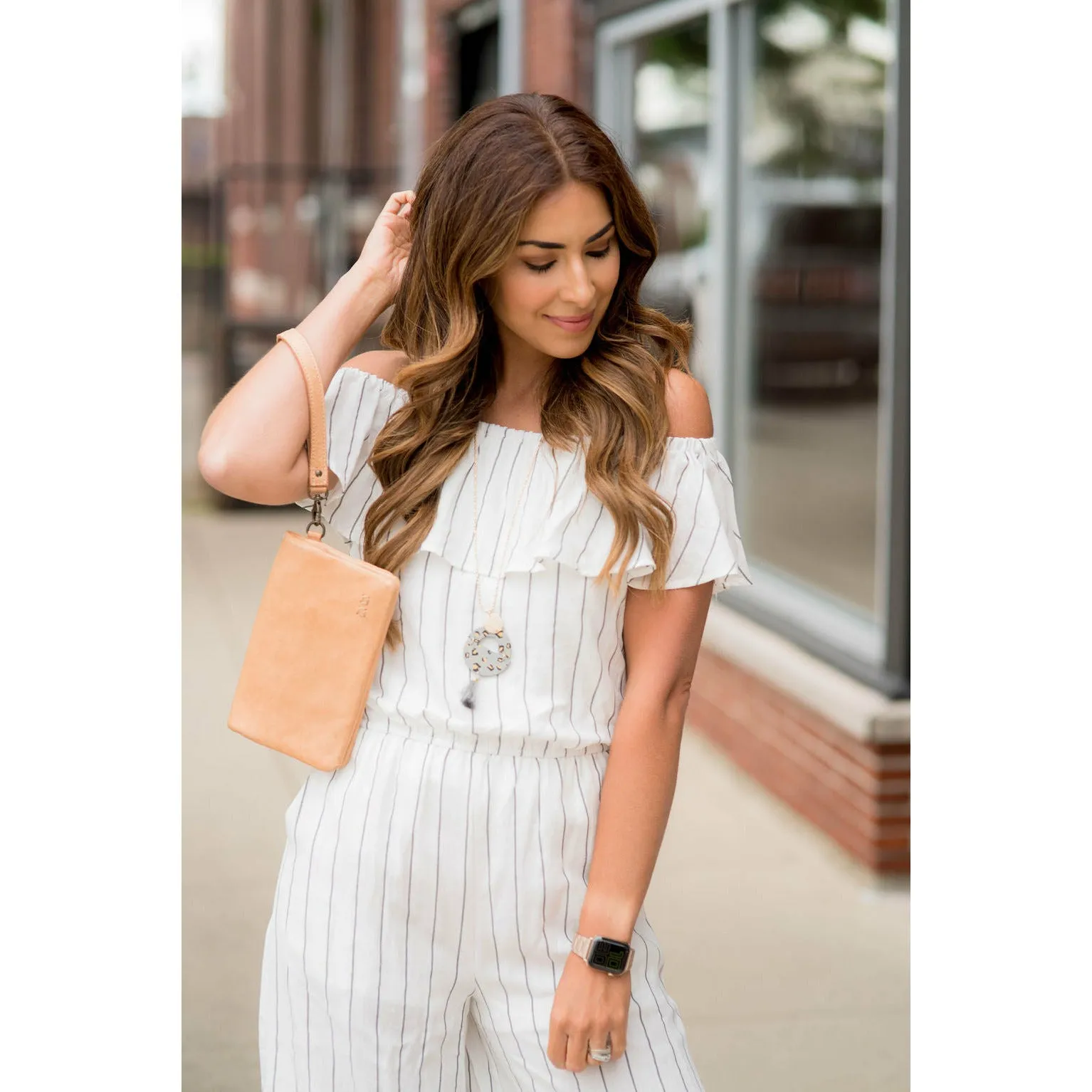 Off Shoulder Vertical Striped Jumpsuit