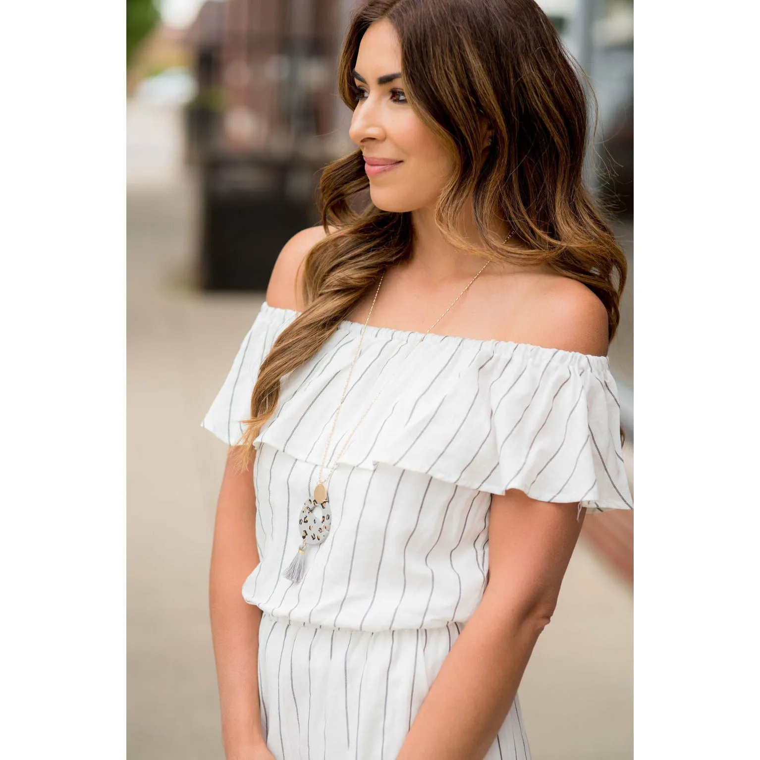 Off Shoulder Vertical Striped Jumpsuit