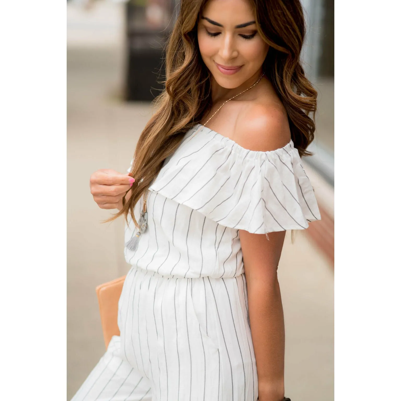 Off Shoulder Vertical Striped Jumpsuit