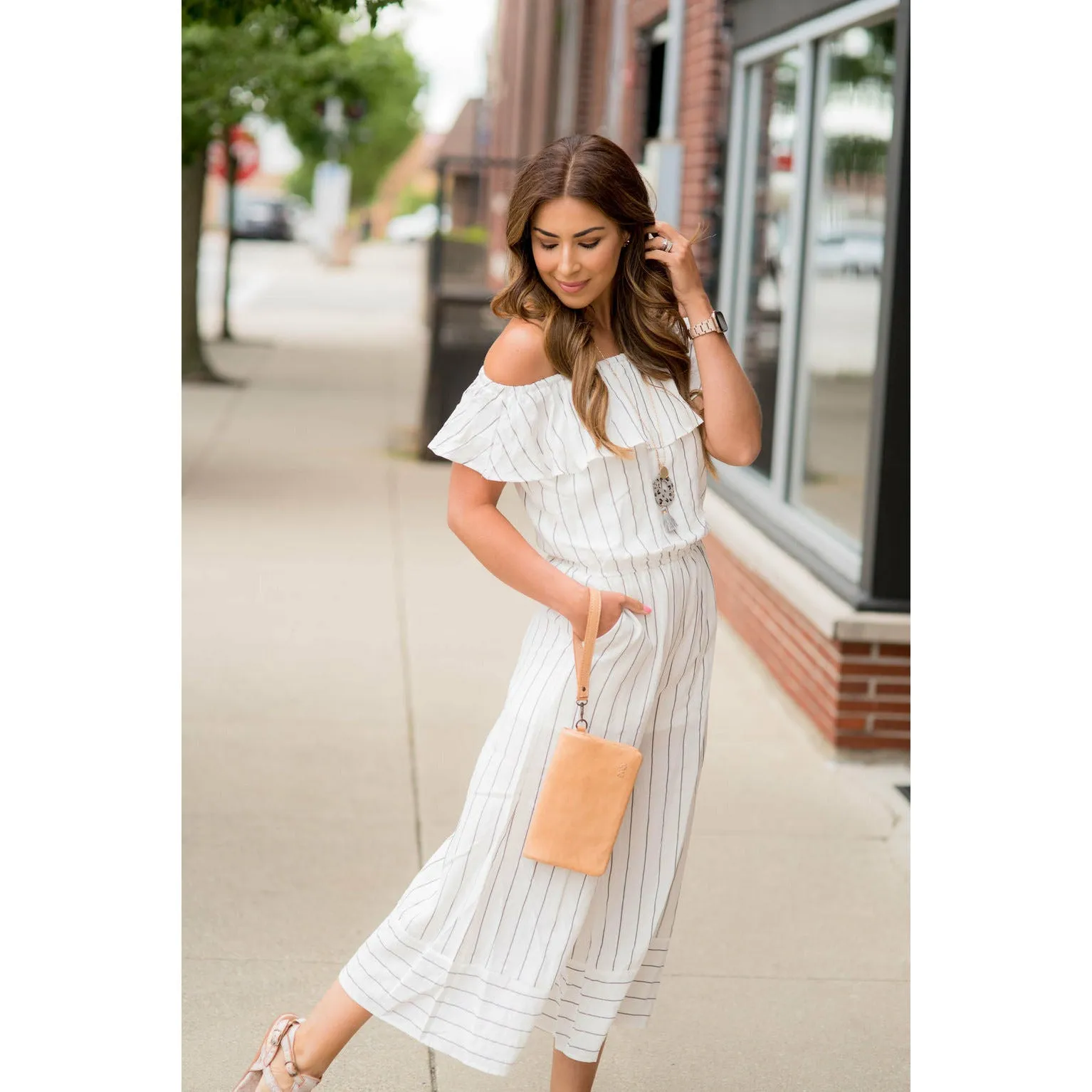 Off Shoulder Vertical Striped Jumpsuit