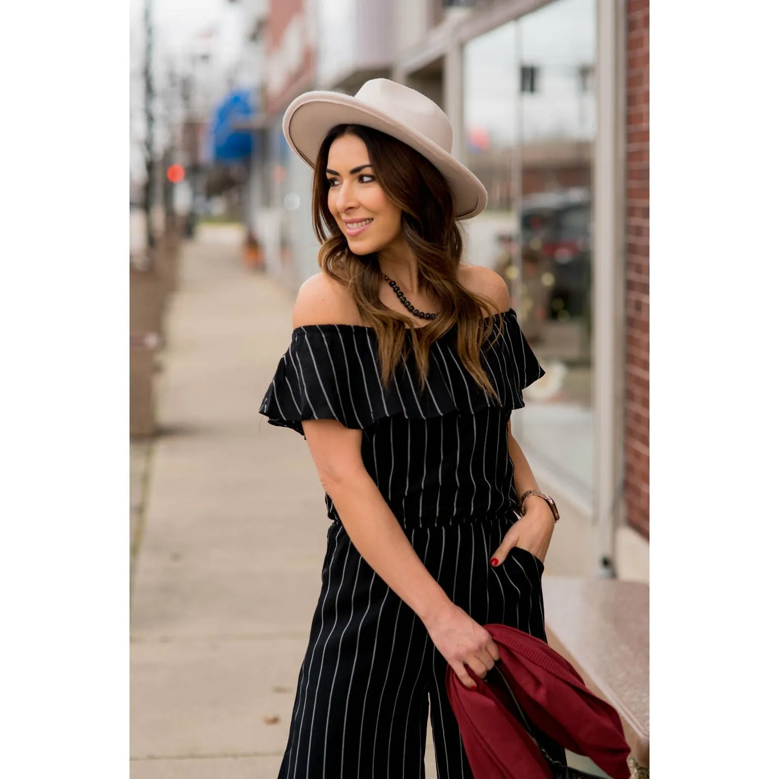 Off Shoulder Vertical Striped Jumpsuit