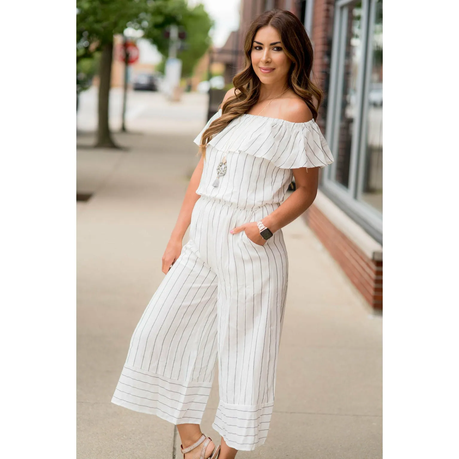 Off Shoulder Vertical Striped Jumpsuit