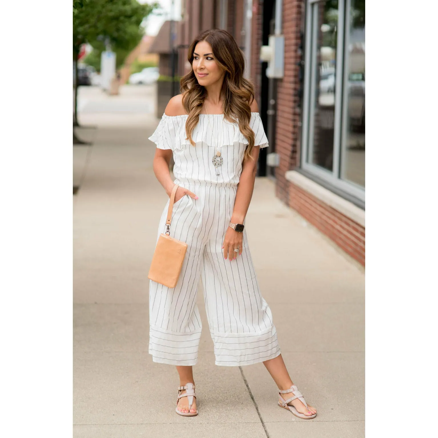 Off Shoulder Vertical Striped Jumpsuit