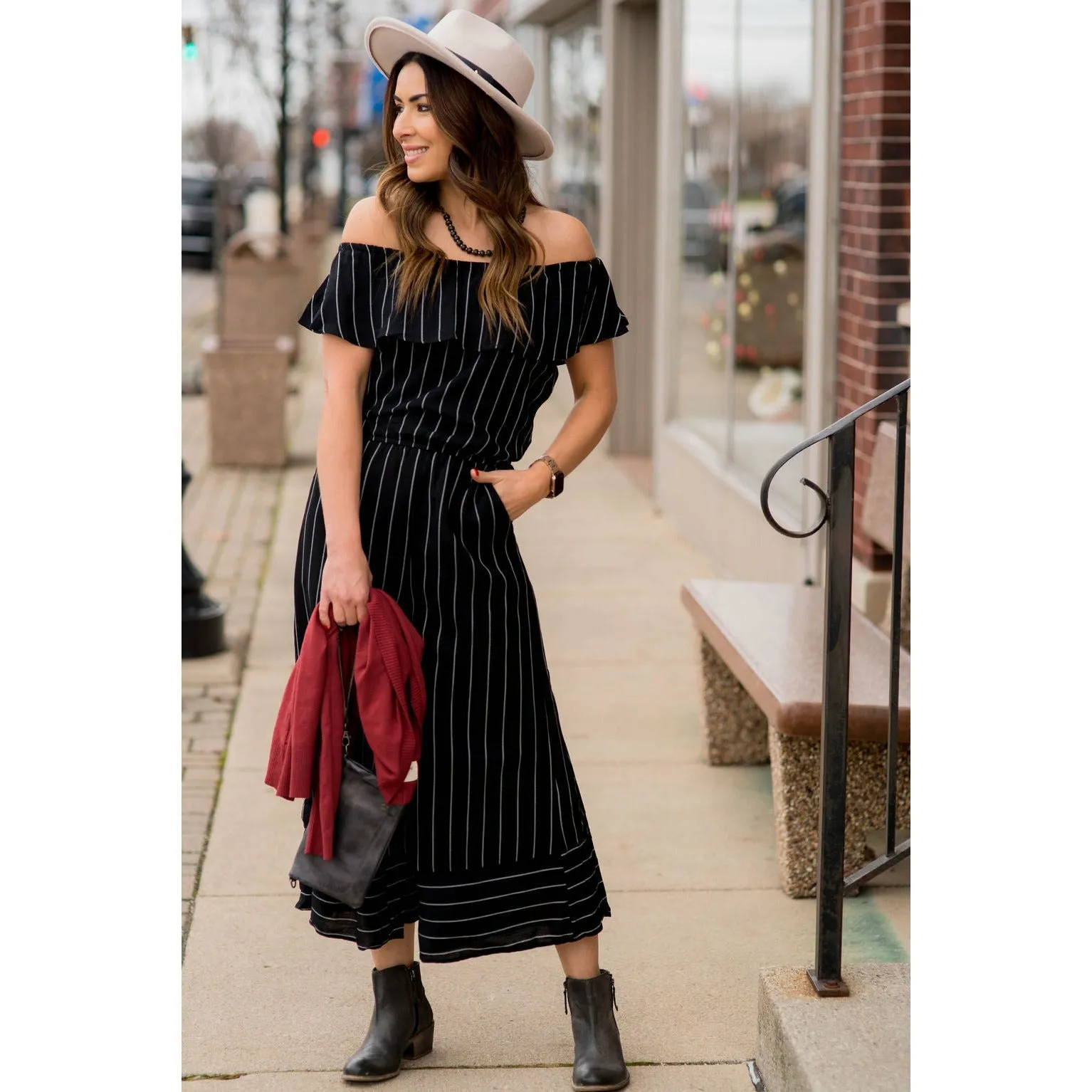 Off Shoulder Vertical Striped Jumpsuit