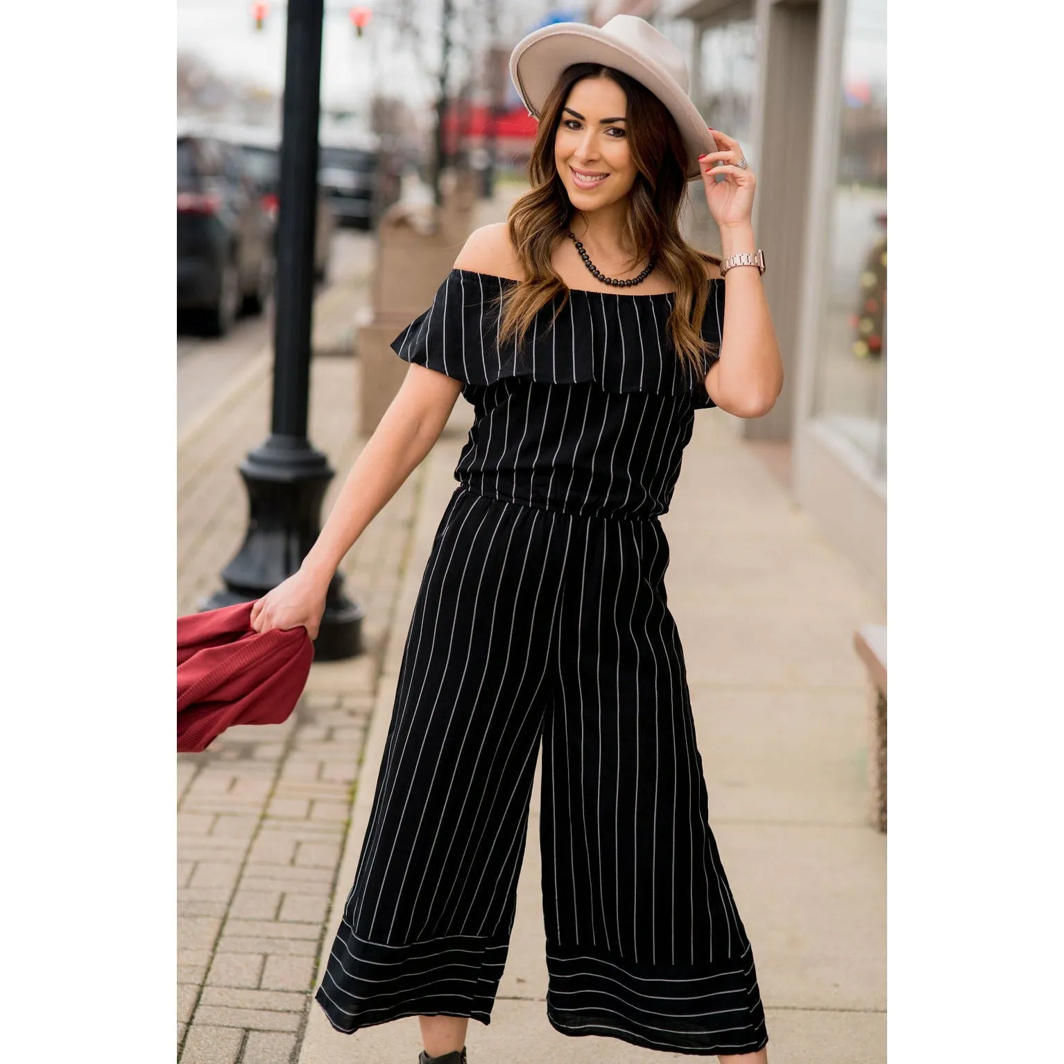 Off Shoulder Vertical Striped Jumpsuit