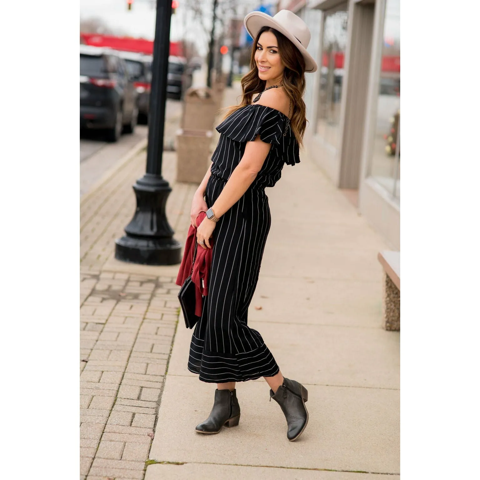 Off Shoulder Vertical Striped Jumpsuit