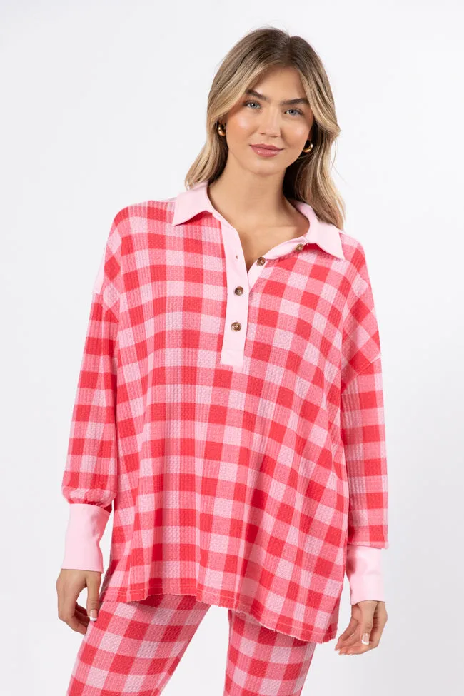 Outshine The Rest Thermal Pink & Red Plaid Lounge Pullover FINAL SALE