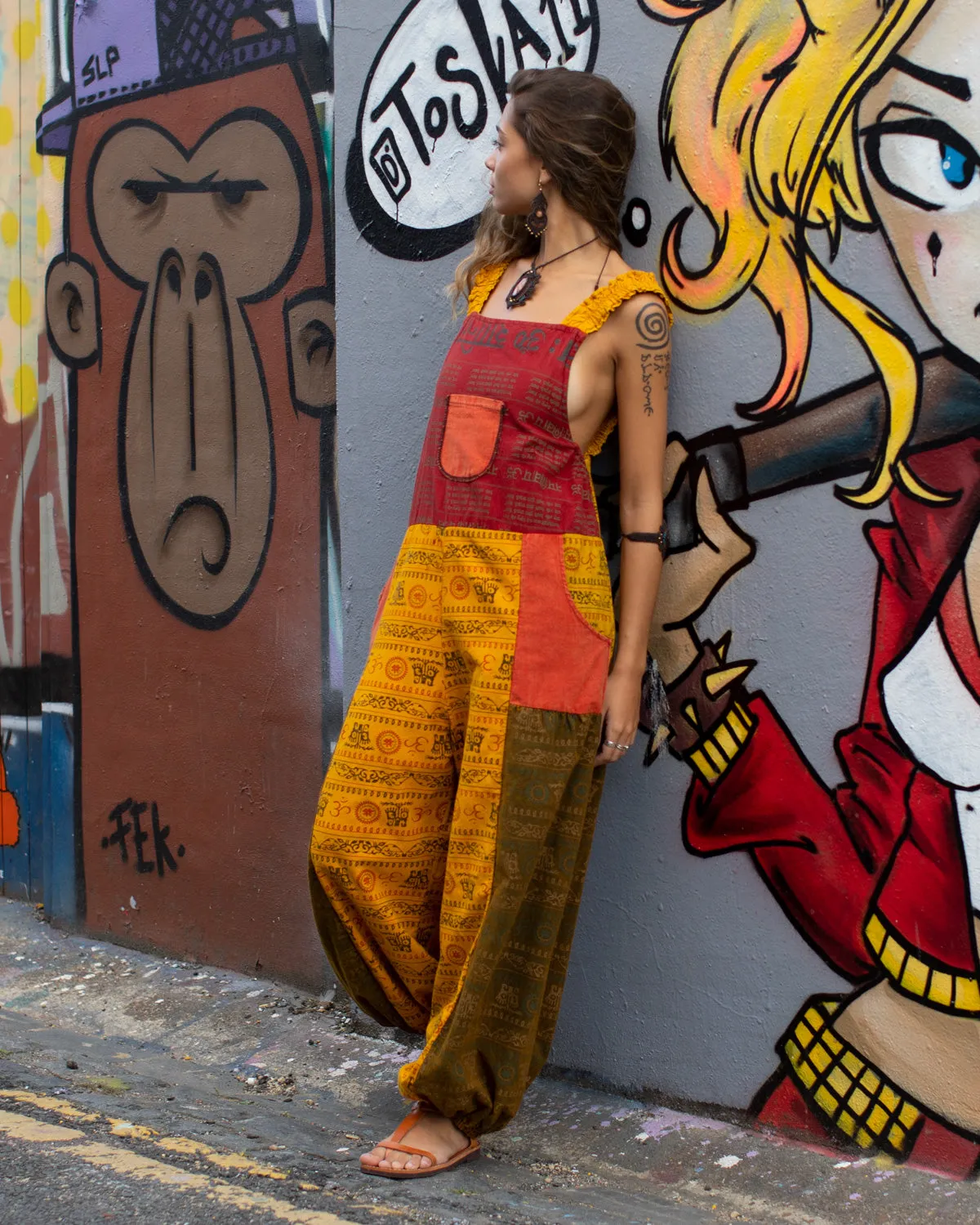 Patchwork Ohm Mandala Dungarees Red/Yellow